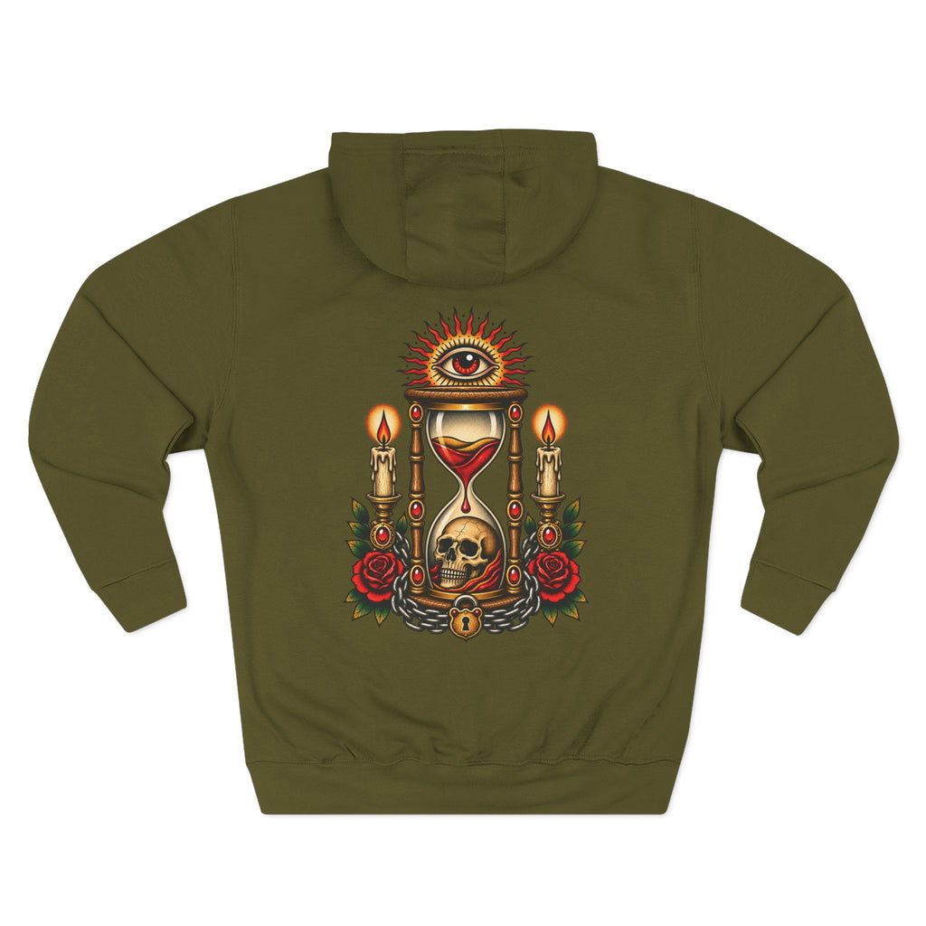 Hourglass & Skull Tattoo Flash Pullover Hoodie (Back Design)
