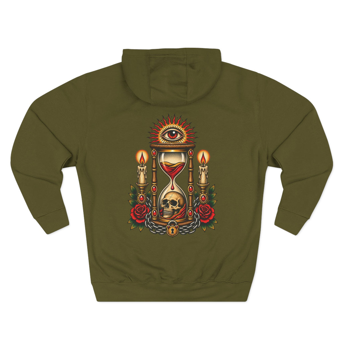 Hourglass & Skull Tattoo Flash Pullover Hoodie (Back Design)