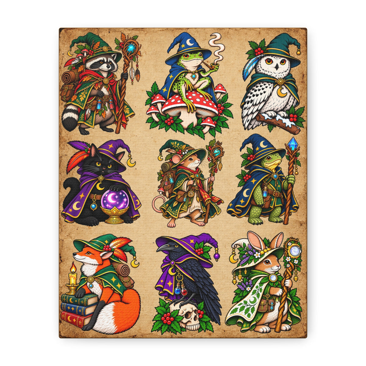 Woodland Wizards & Witches Tattoo Flash Canvas Wall Art