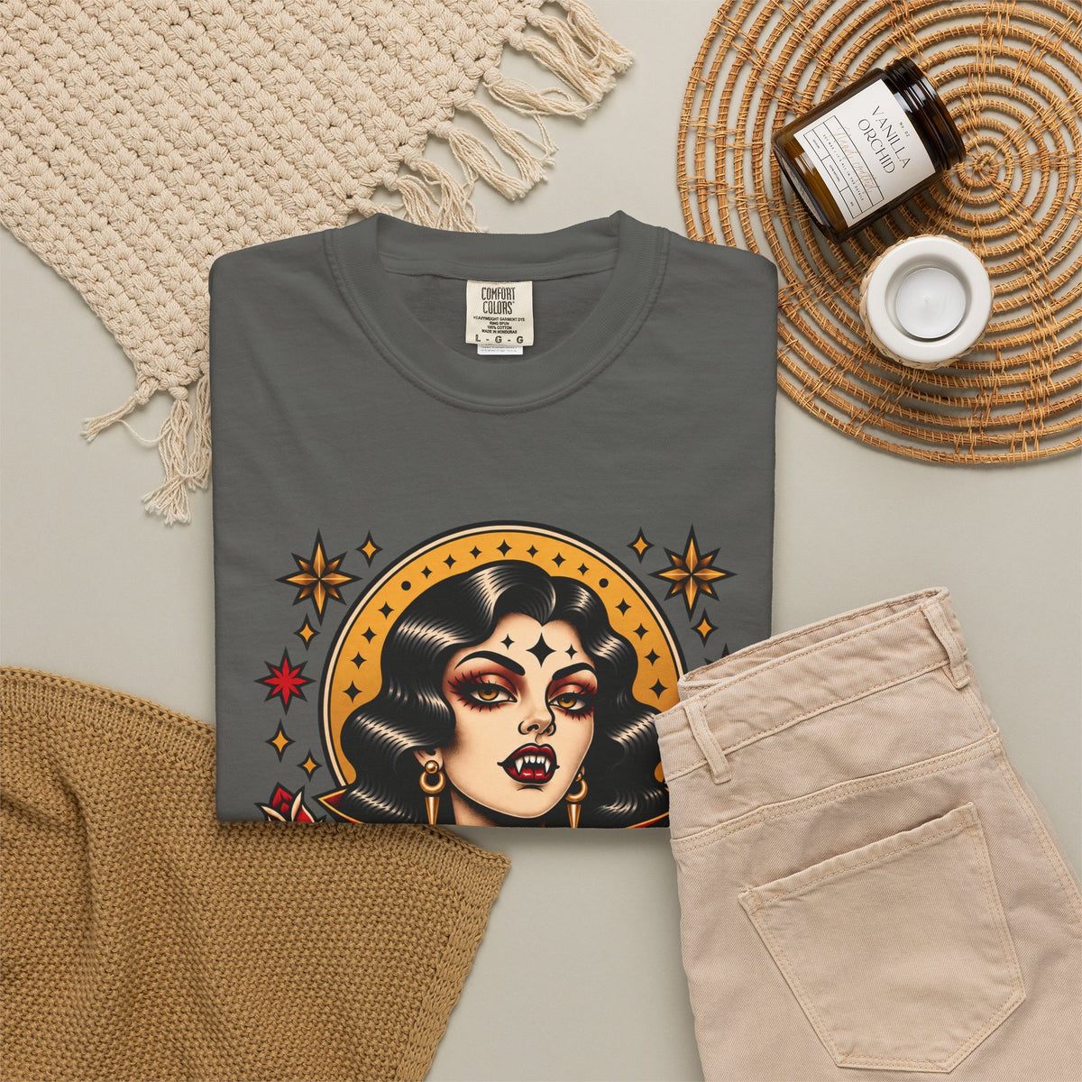 Vampire Woman & Black Cat Tattoo Flash T‑Shirt