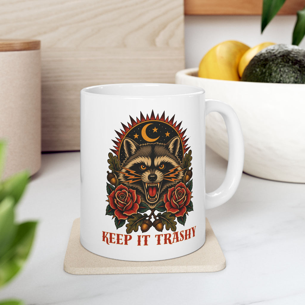 Keep It Trashy Raccoon Tattoo Flash Ceramic Coffee Cup