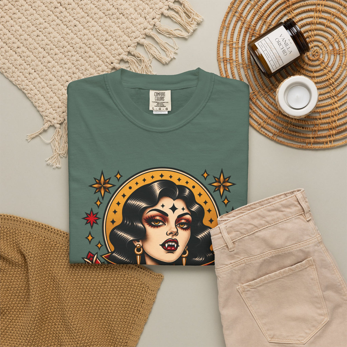 Vampire Woman & Black Cat Tattoo Flash T‑Shirt