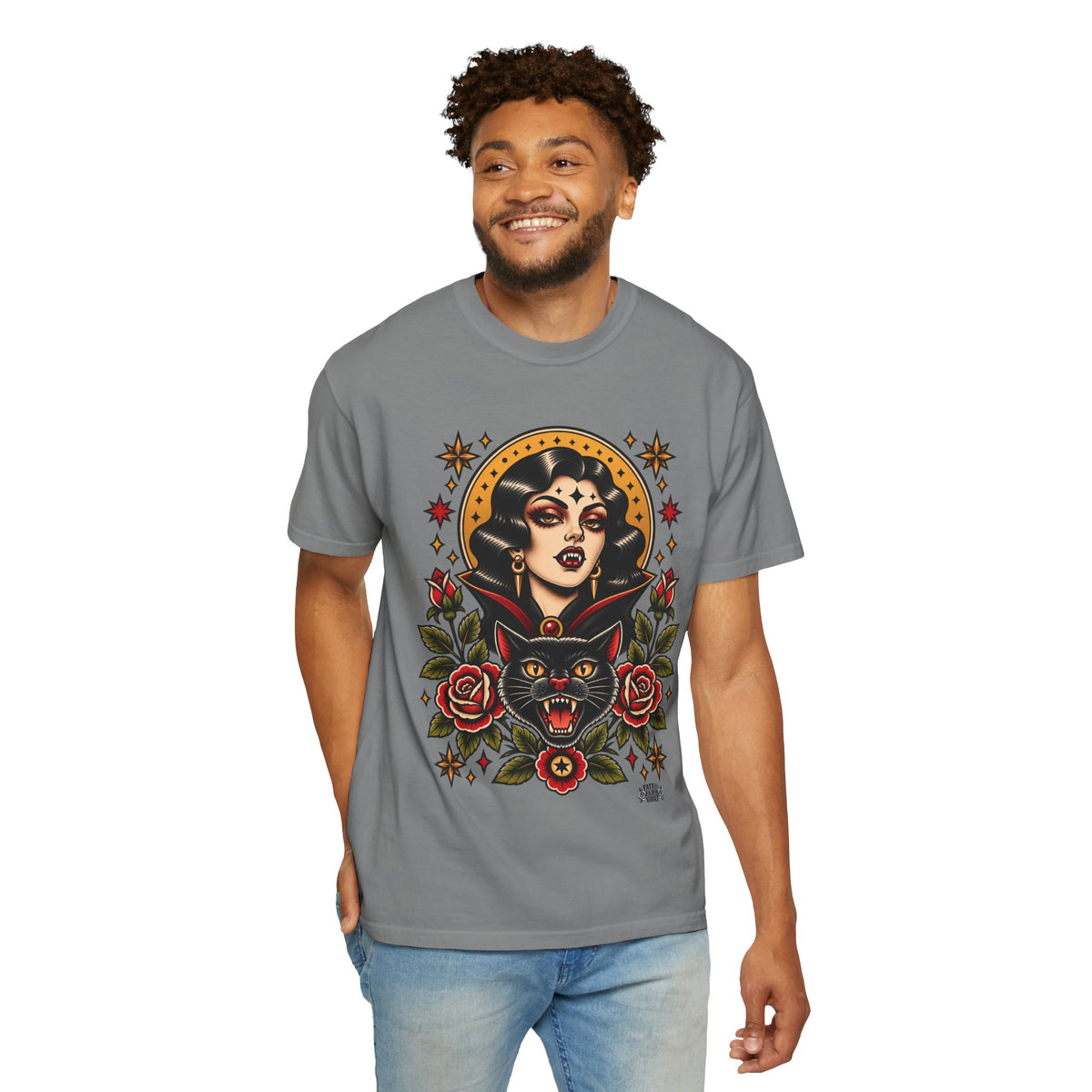 Vampire Woman & Black Cat Tattoo Flash T‑Shirt
