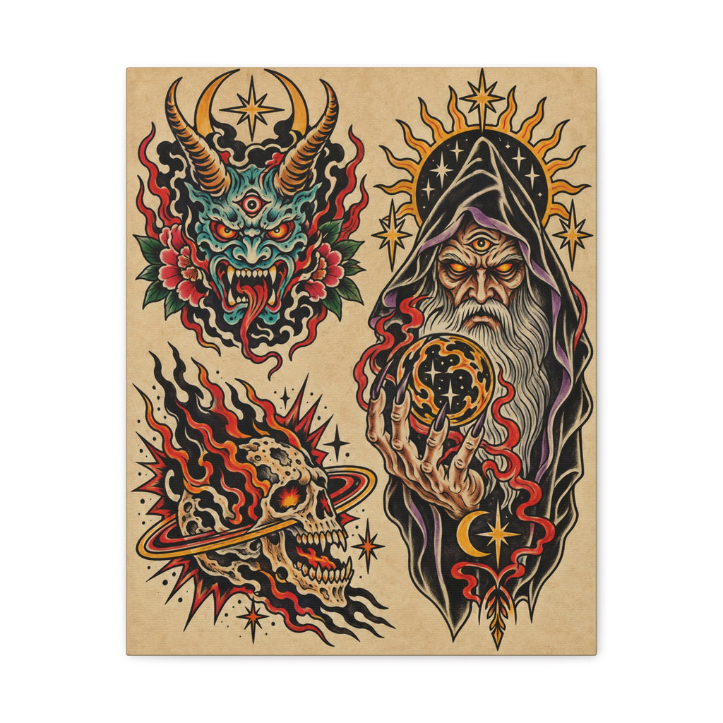 Wizard Tattoo Flash Sheet 2 Canvas Wall Art