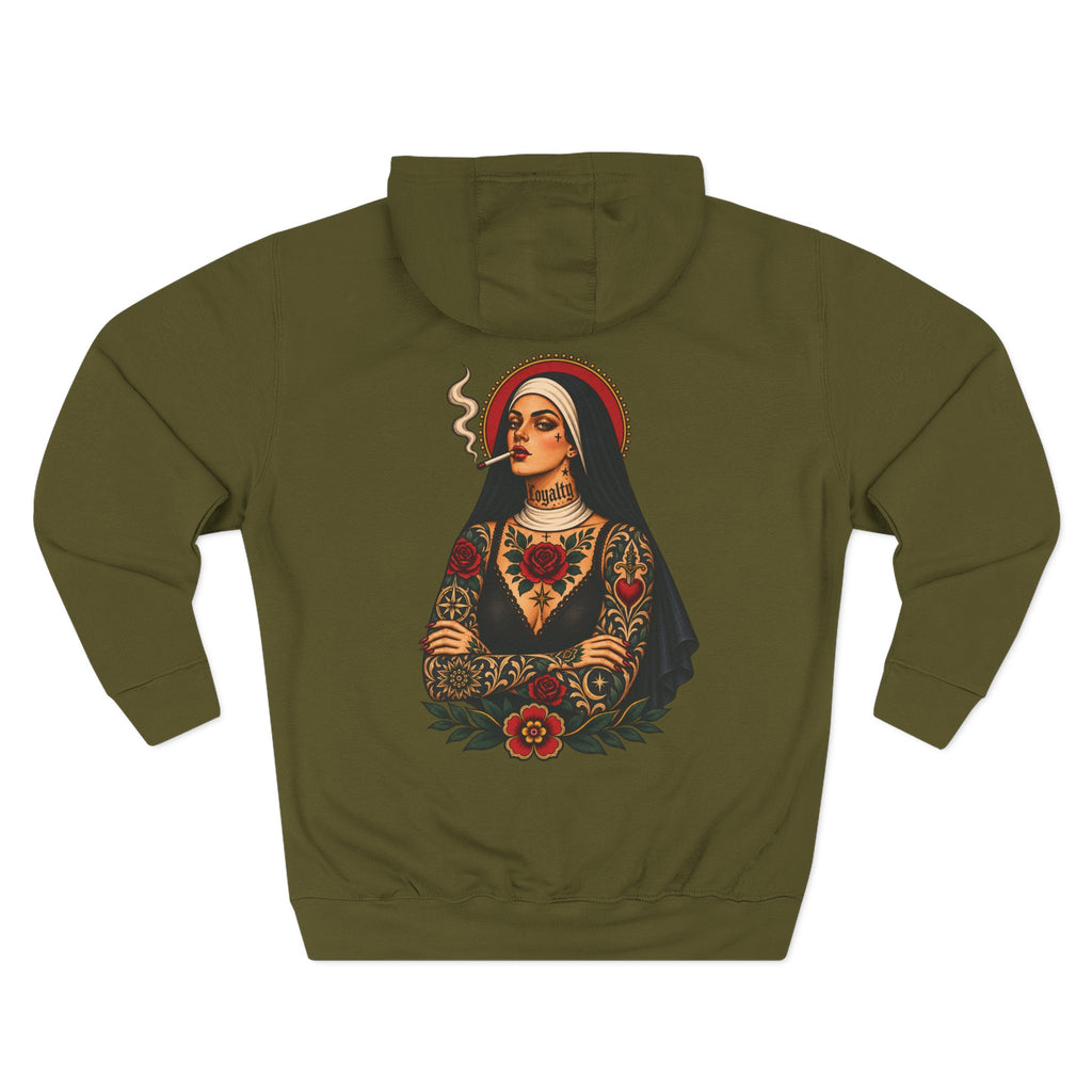 Tattooed Smoking Nun Tattoo Flash Pullover Hoodie (Back Design)