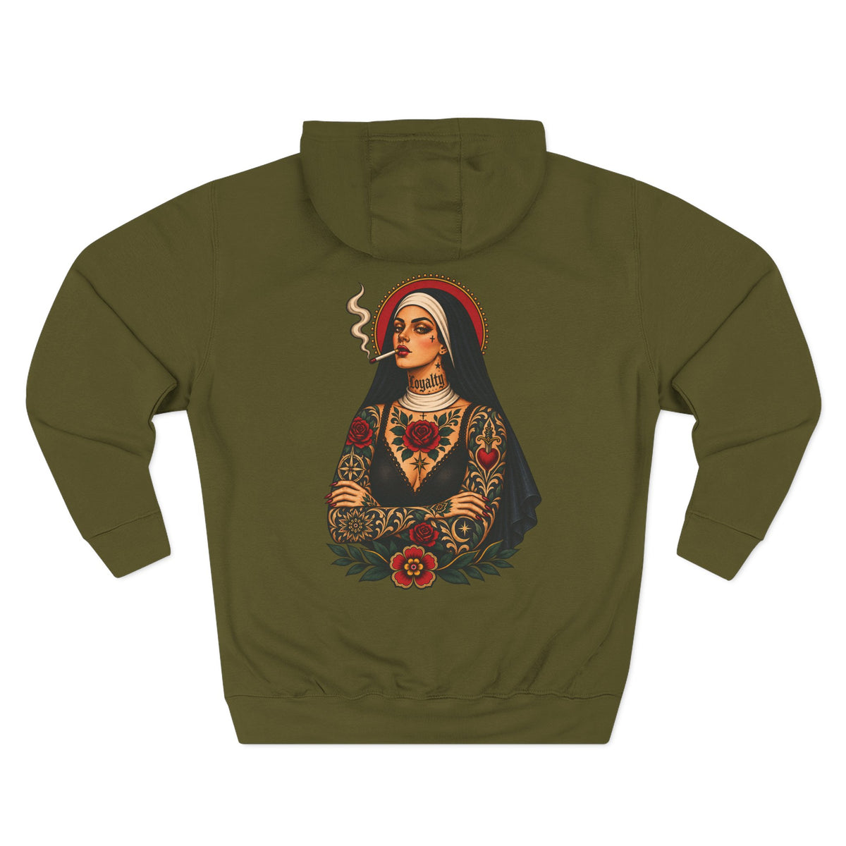 Tattooed Smoking Nun Tattoo Flash Pullover Hoodie (Back Design)