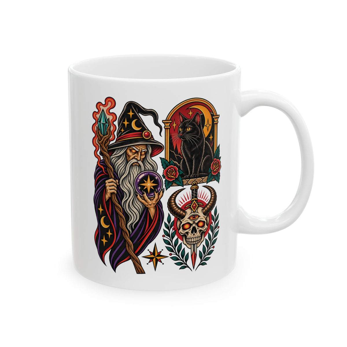 Wizard, Black Cat & Skull Tattoo Flash Coffee Mug (11oz & 15oz)