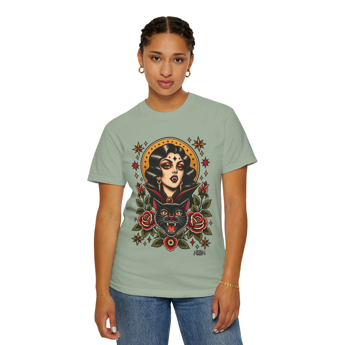 Vampire Woman & Black Cat Tattoo Flash T‑Shirt