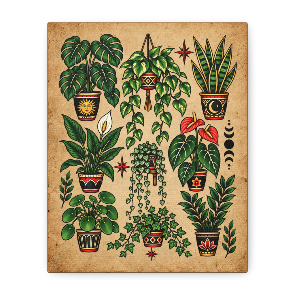 House Plant Botanical Tattoo Flash Canvas Wall Art