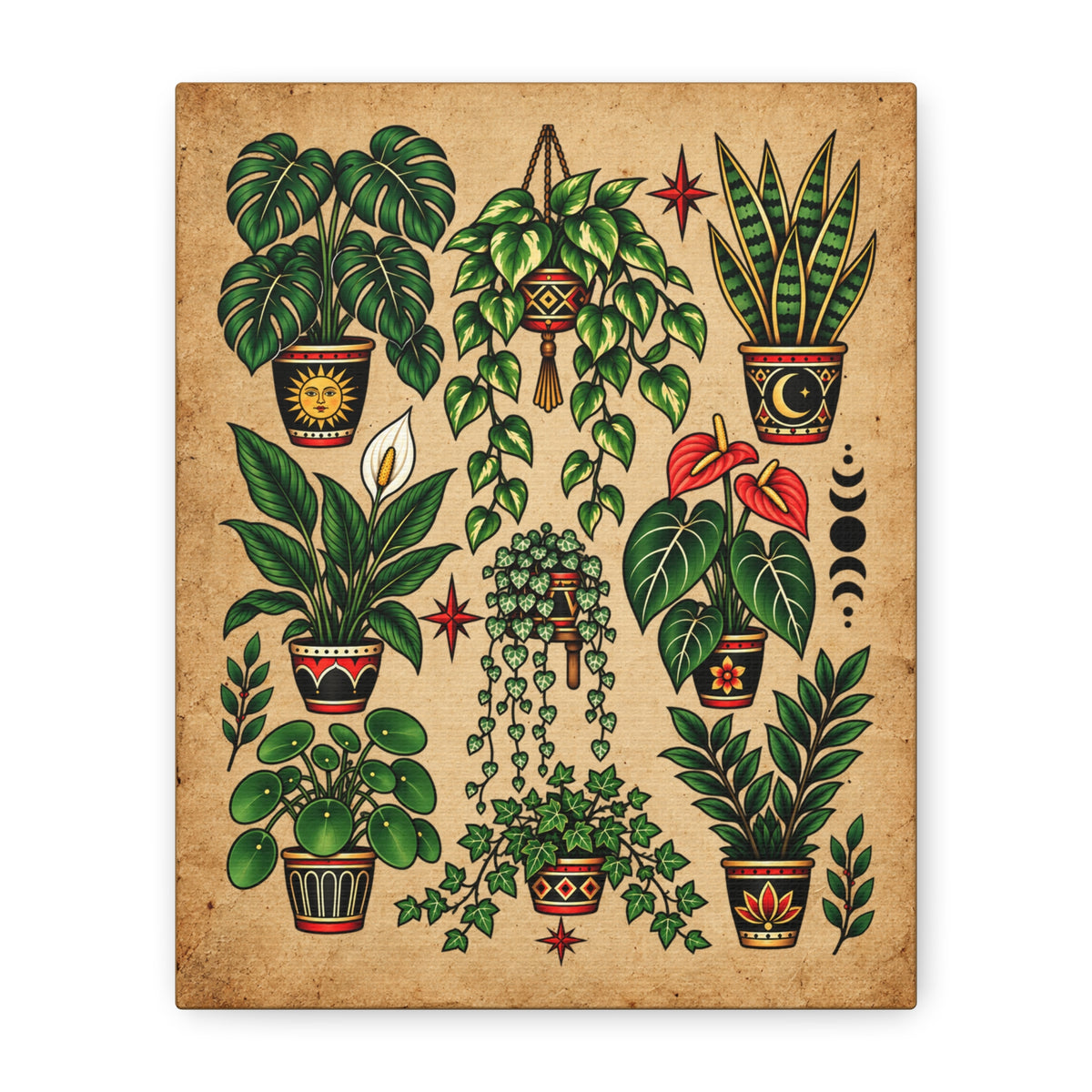 House Plant Botanical Tattoo Flash Canvas Wall Art