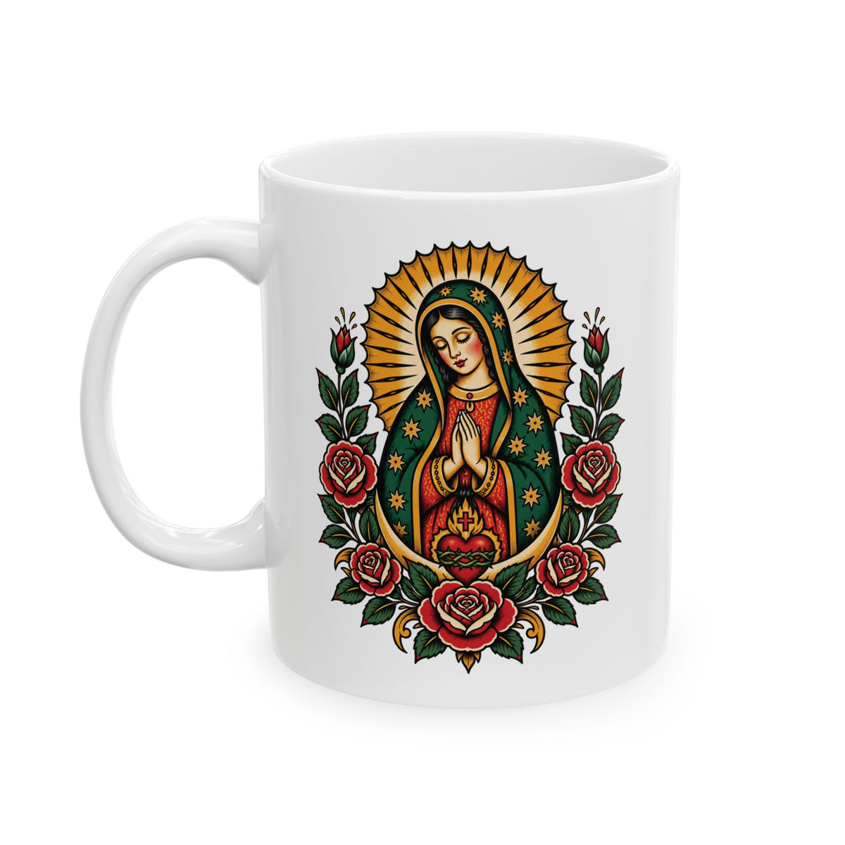 Floral Sacred Heart Ceramic Mug (11oz, 15oz) — Rose & Radiant Halo Coffee Cup