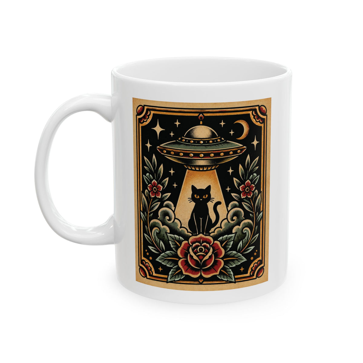 UFO & Black Cat Tattoo Flash Ceramic Coffee Mug (11oz, 15oz)