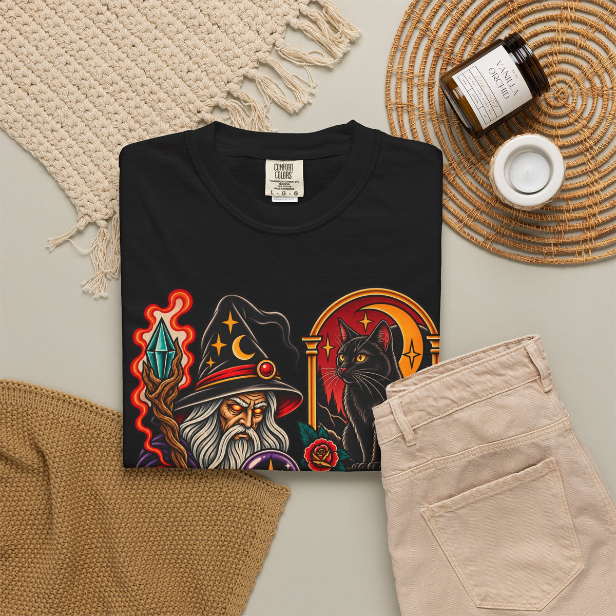 Wizard & Black Cat Tattoo Flash T-Shirt