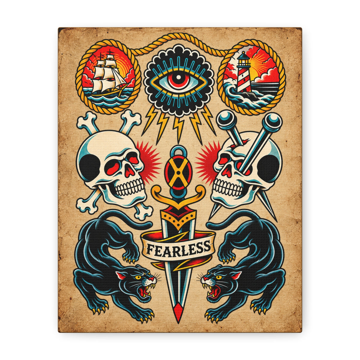 American Traditional Fearless Tattoo Flash Canvas Wall Art