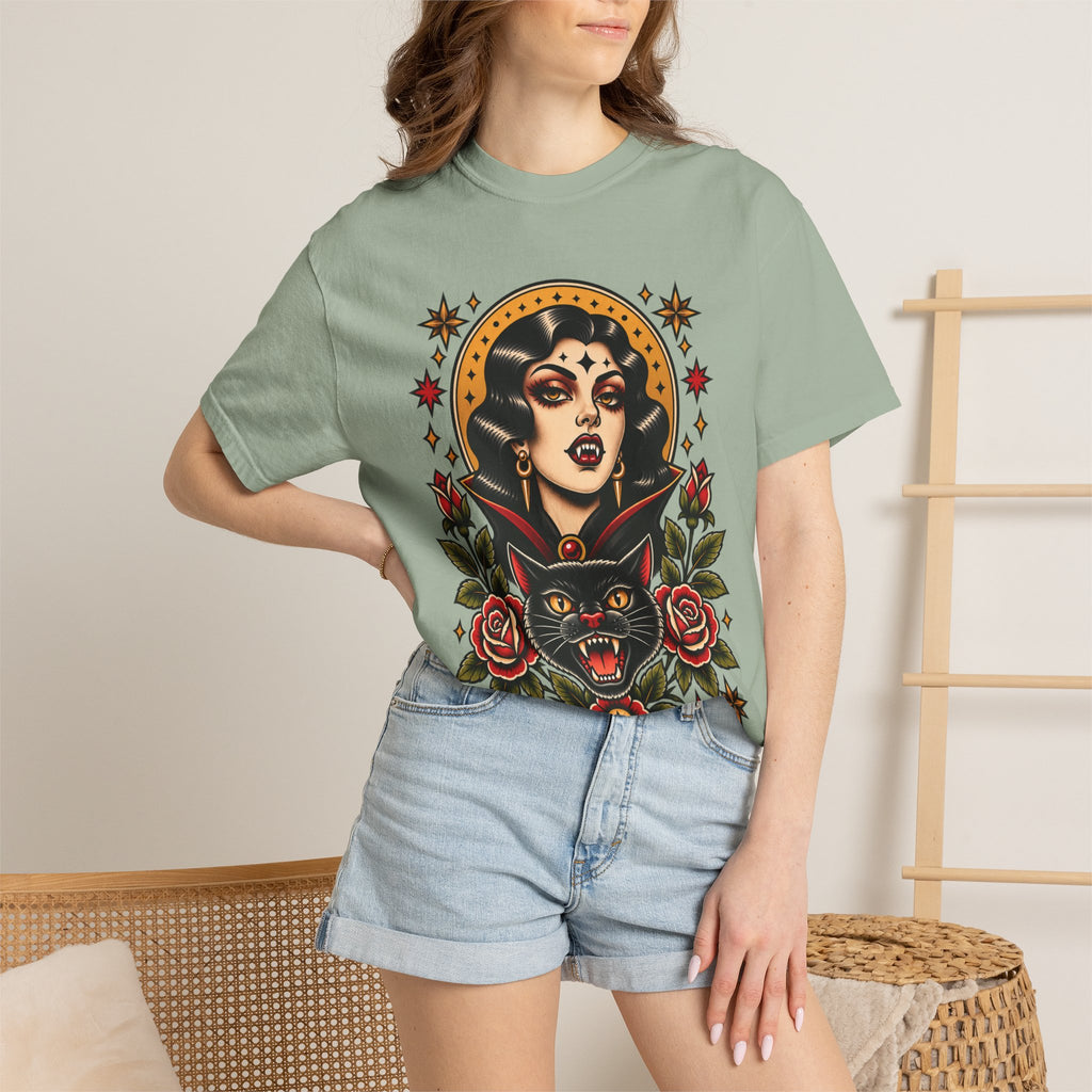 Vampire Woman & Black Cat Tattoo Flash T‑Shirt
