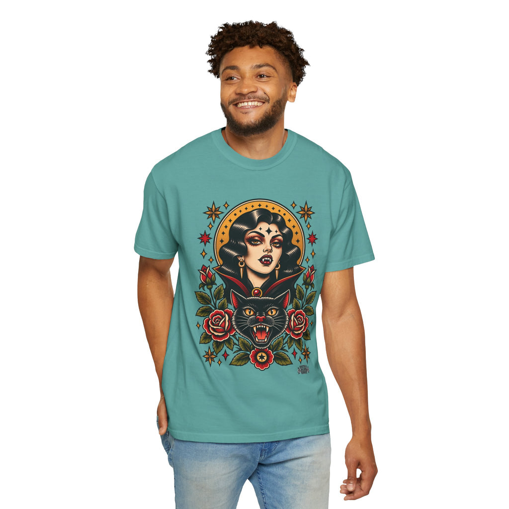 Vampire Woman & Black Cat Tattoo Flash T‑Shirt