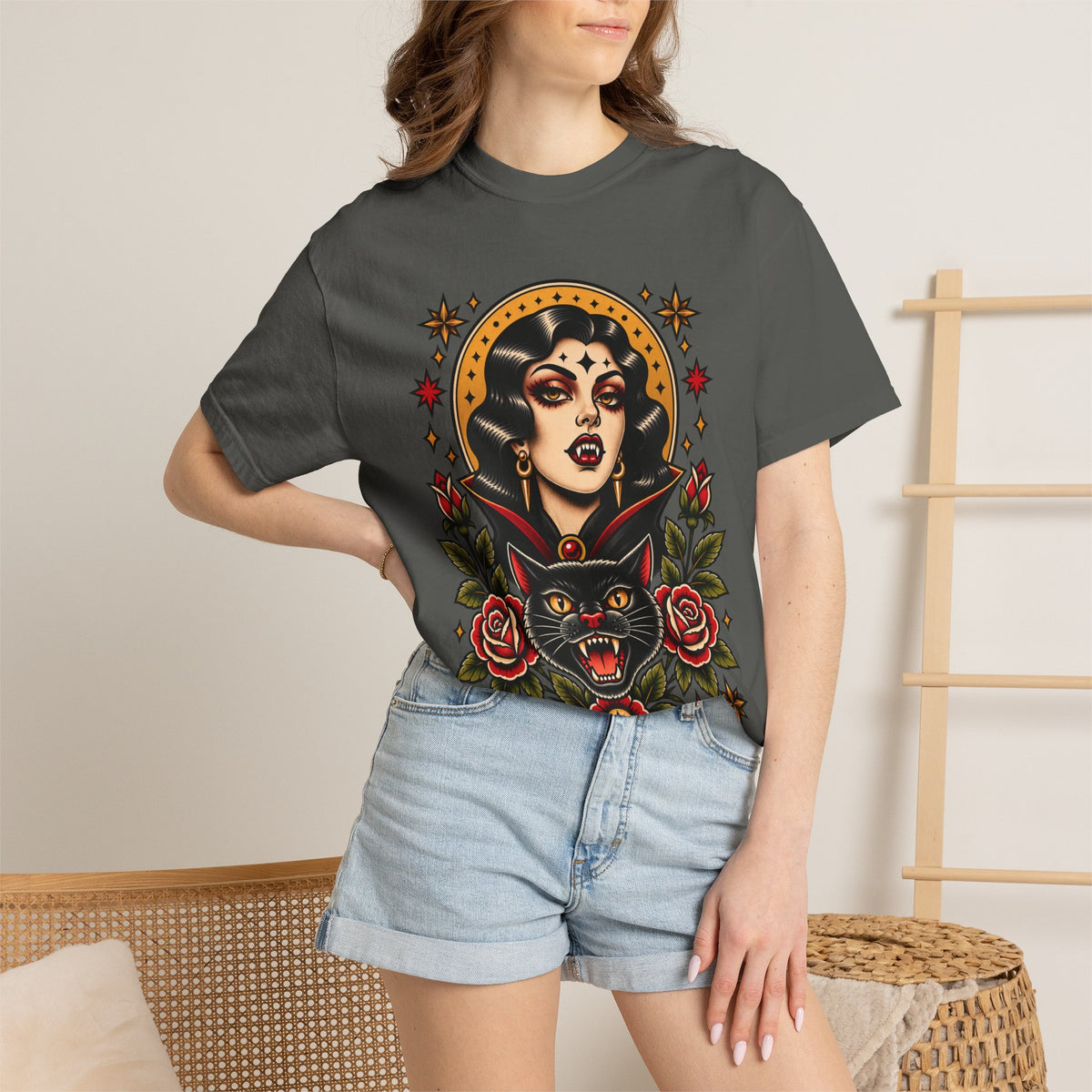 Vampire Woman & Black Cat Tattoo Flash T‑Shirt