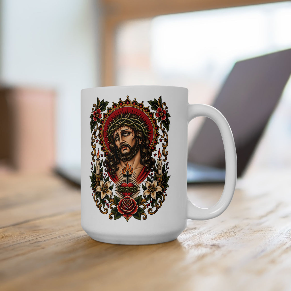 Jesus Christ Sacred Heart Tattoo Flash Ceramic Coffee Mug (11oz, 15oz)