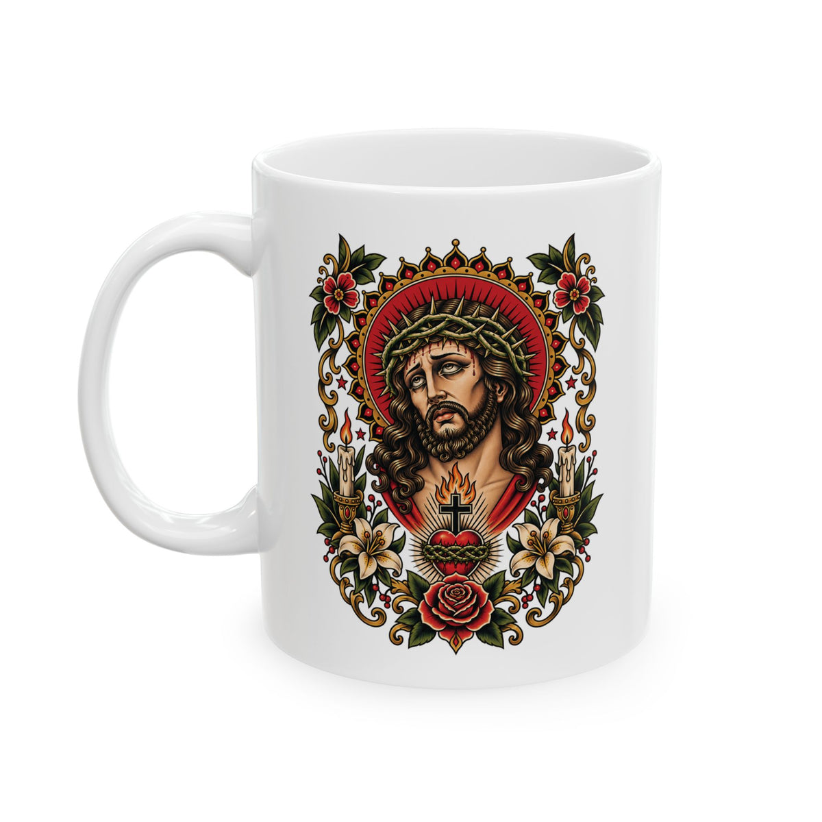 Jesus Christ Sacred Heart Tattoo Flash Ceramic Coffee Mug (11oz, 15oz)