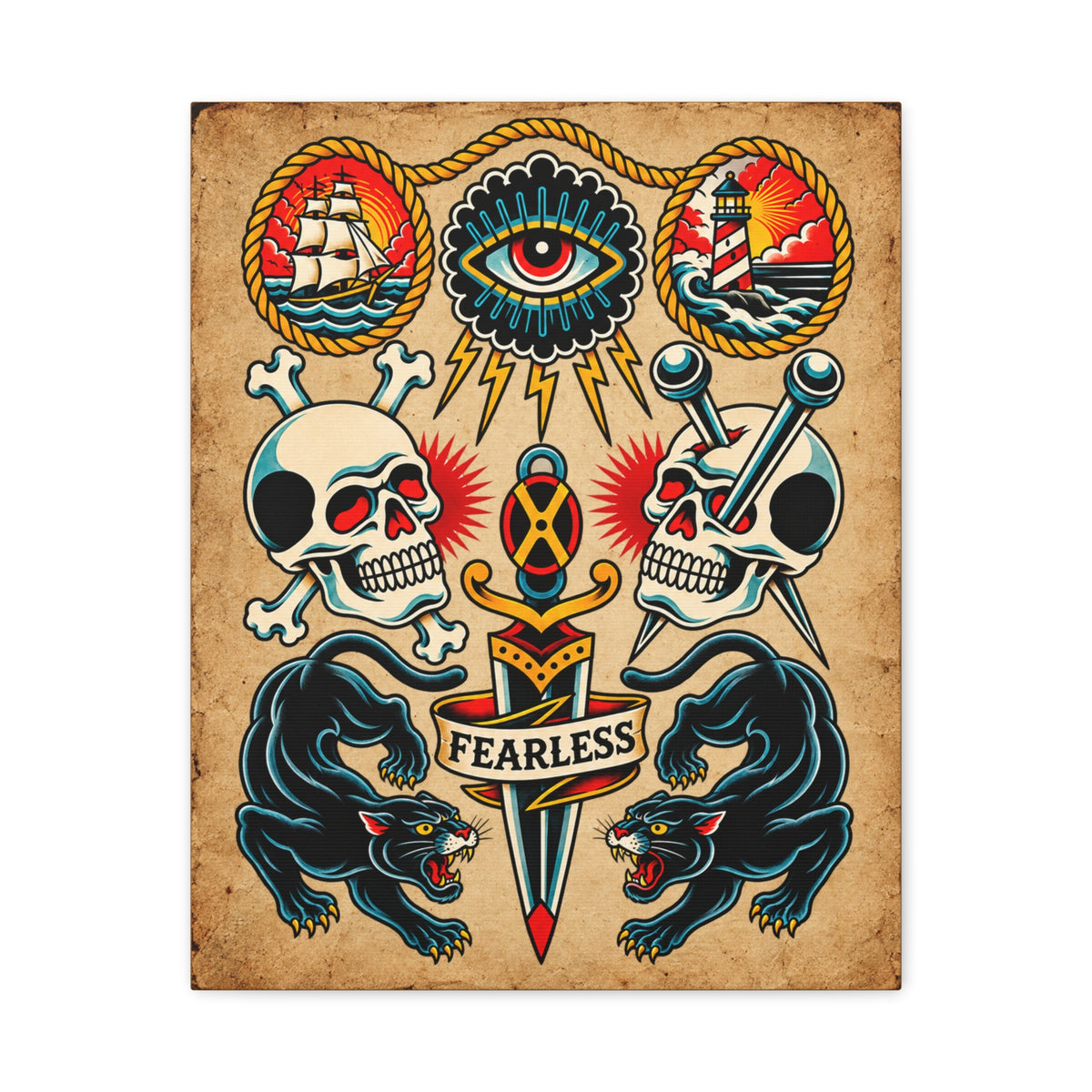 American Traditional Fearless Tattoo Flash Canvas Wall Art