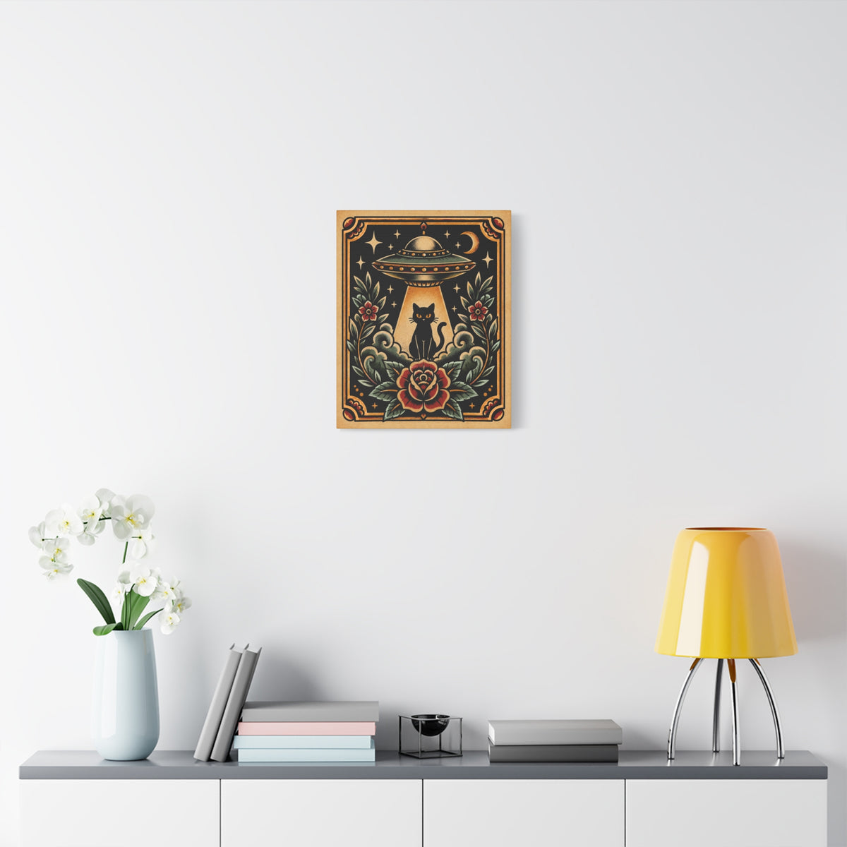 UFO & Black Cat Tattoo Flash Canvas Wall Art