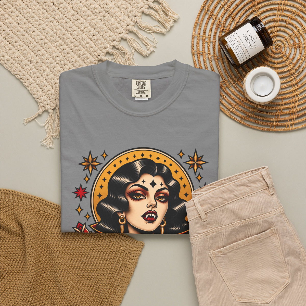 Vampire Woman & Black Cat Tattoo Flash T‑Shirt