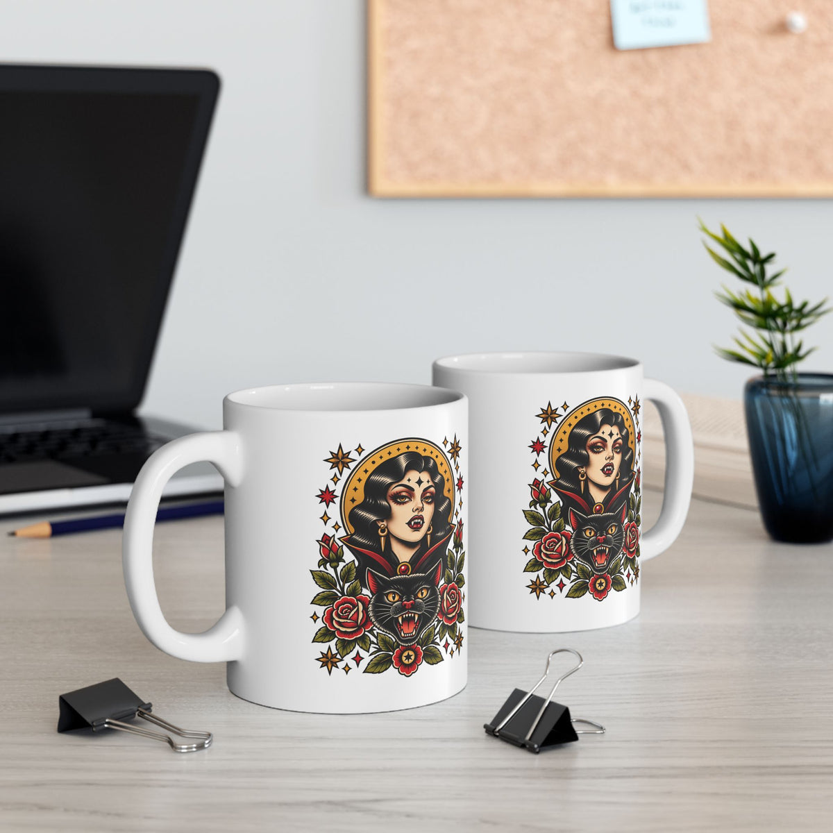 Vampire Woman & Black Cat Tattoo Flash Coffee Mug (11oz & 15oz)