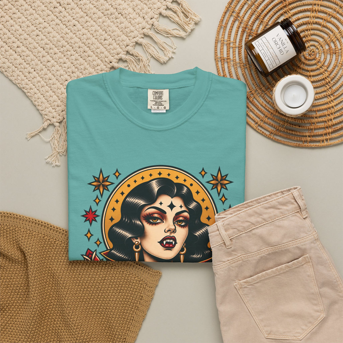 Vampire Woman & Black Cat Tattoo Flash T‑Shirt