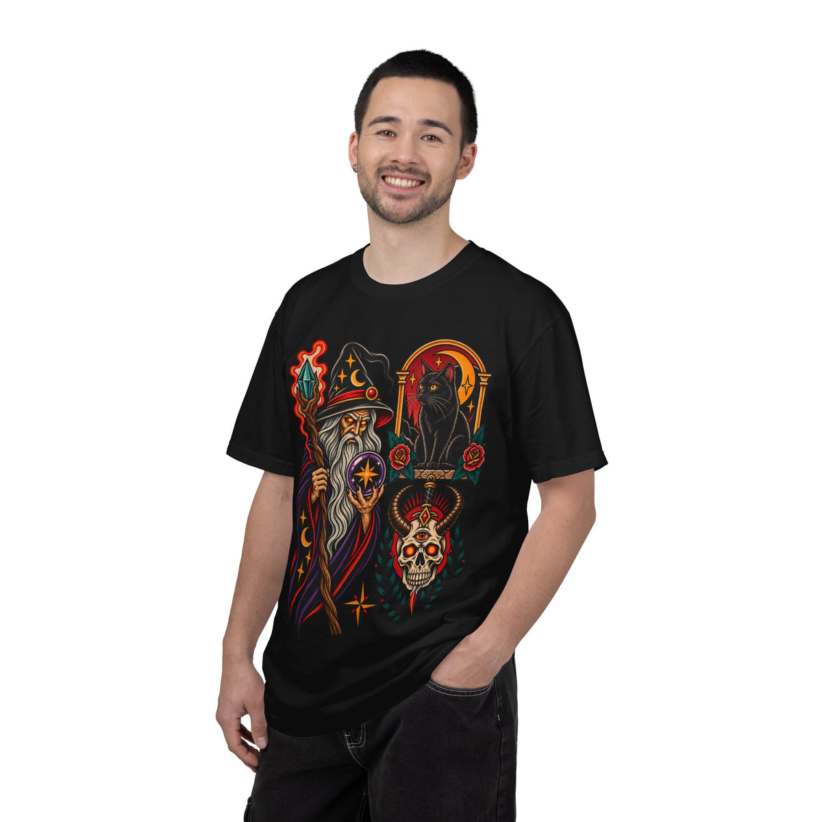 Wizard & Black Cat Tattoo Flash T-Shirt