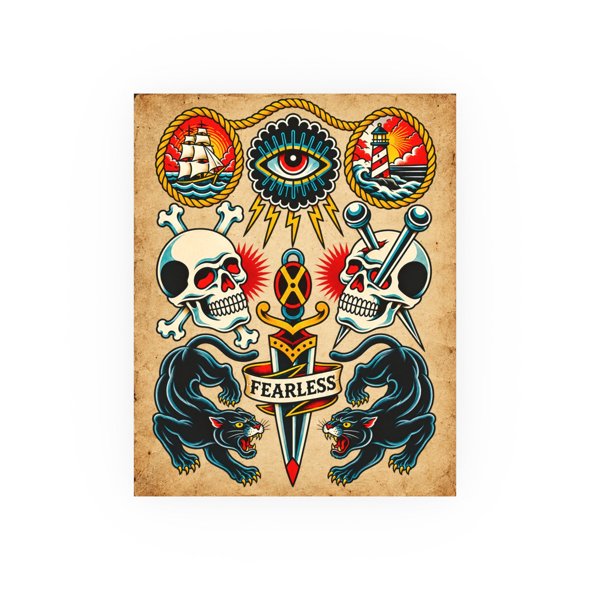 American Traditional Fearless Tattoo Flash Art Print (8x10 & 16x20)