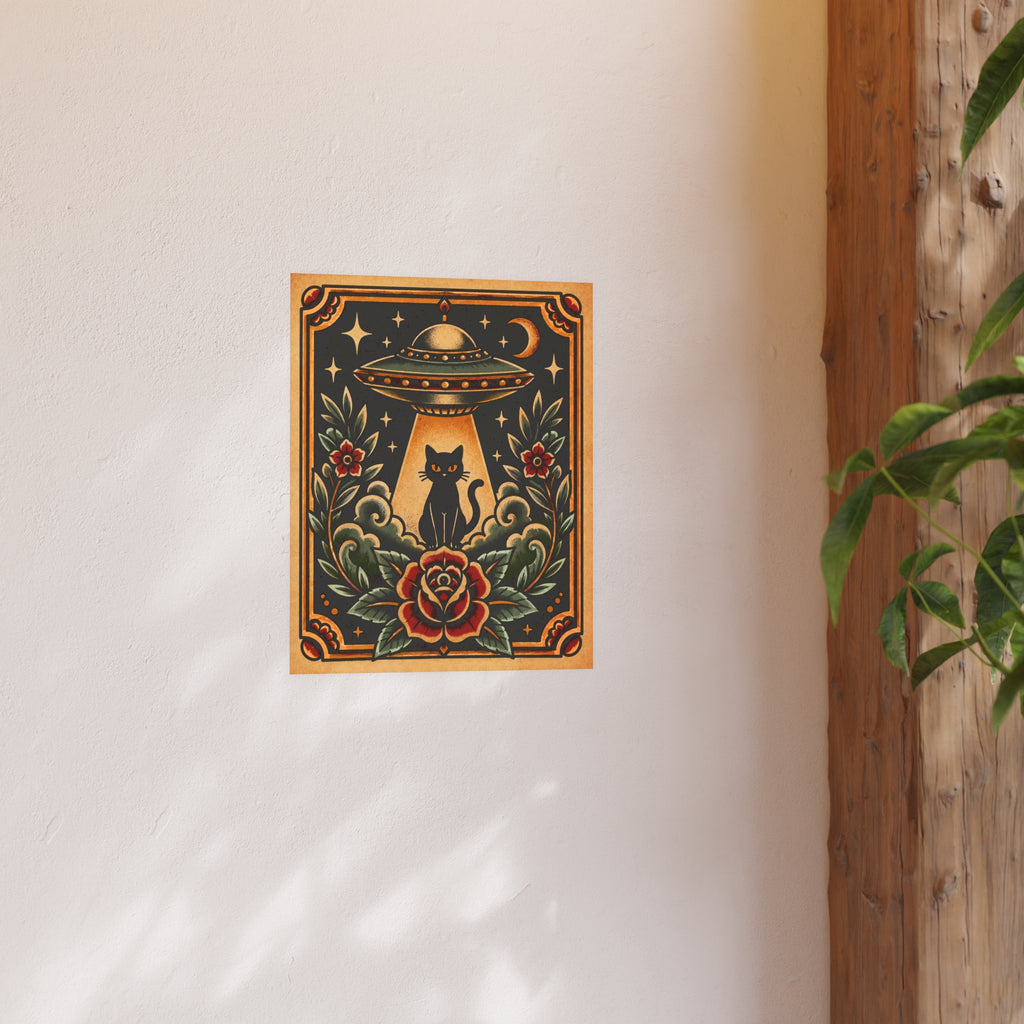 UFO & Black Cat Tattoo Flash Art Print (8x10 & 16x20)