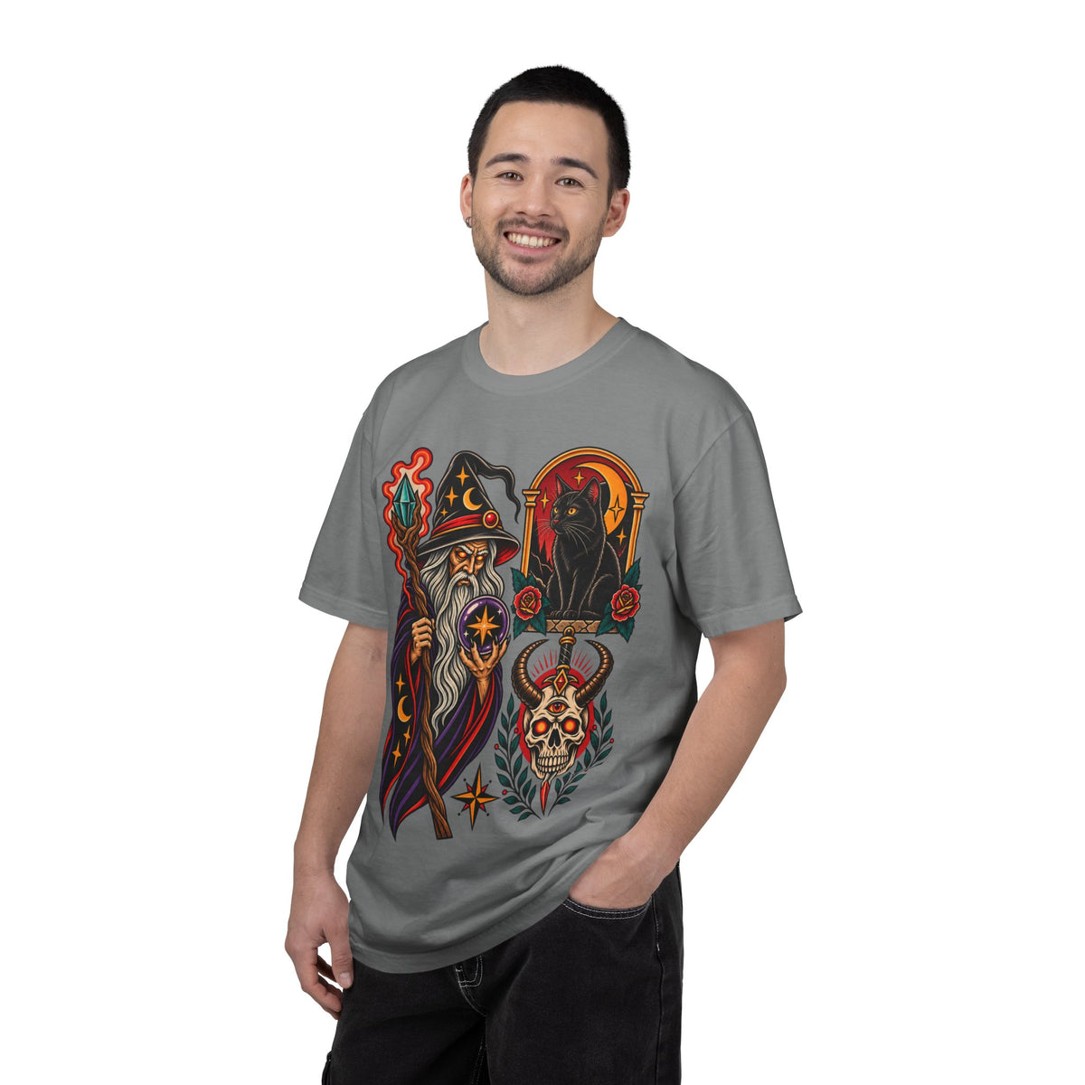 Wizard & Black Cat Tattoo Flash T-Shirt