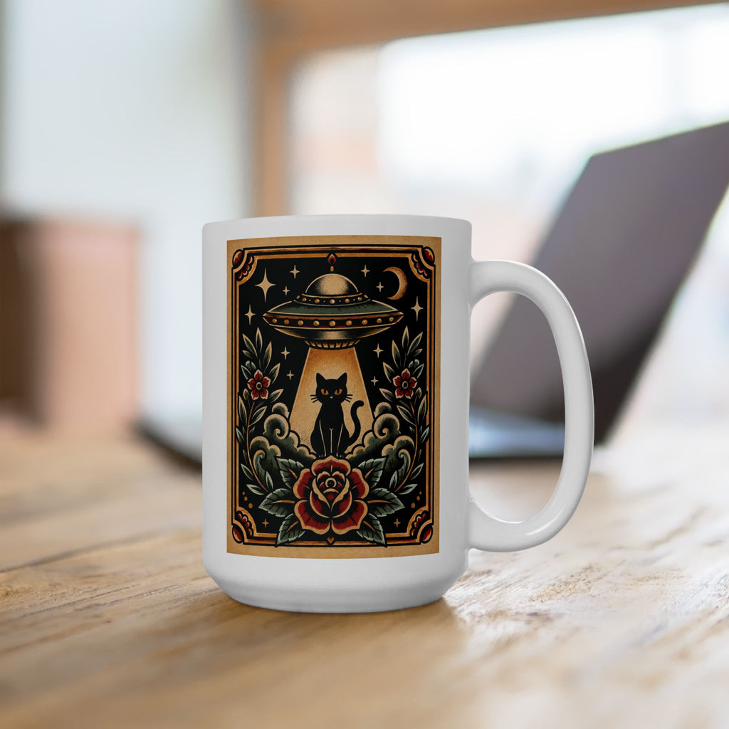 UFO & Black Cat Tattoo Flash Ceramic Coffee Mug (11oz, 15oz)