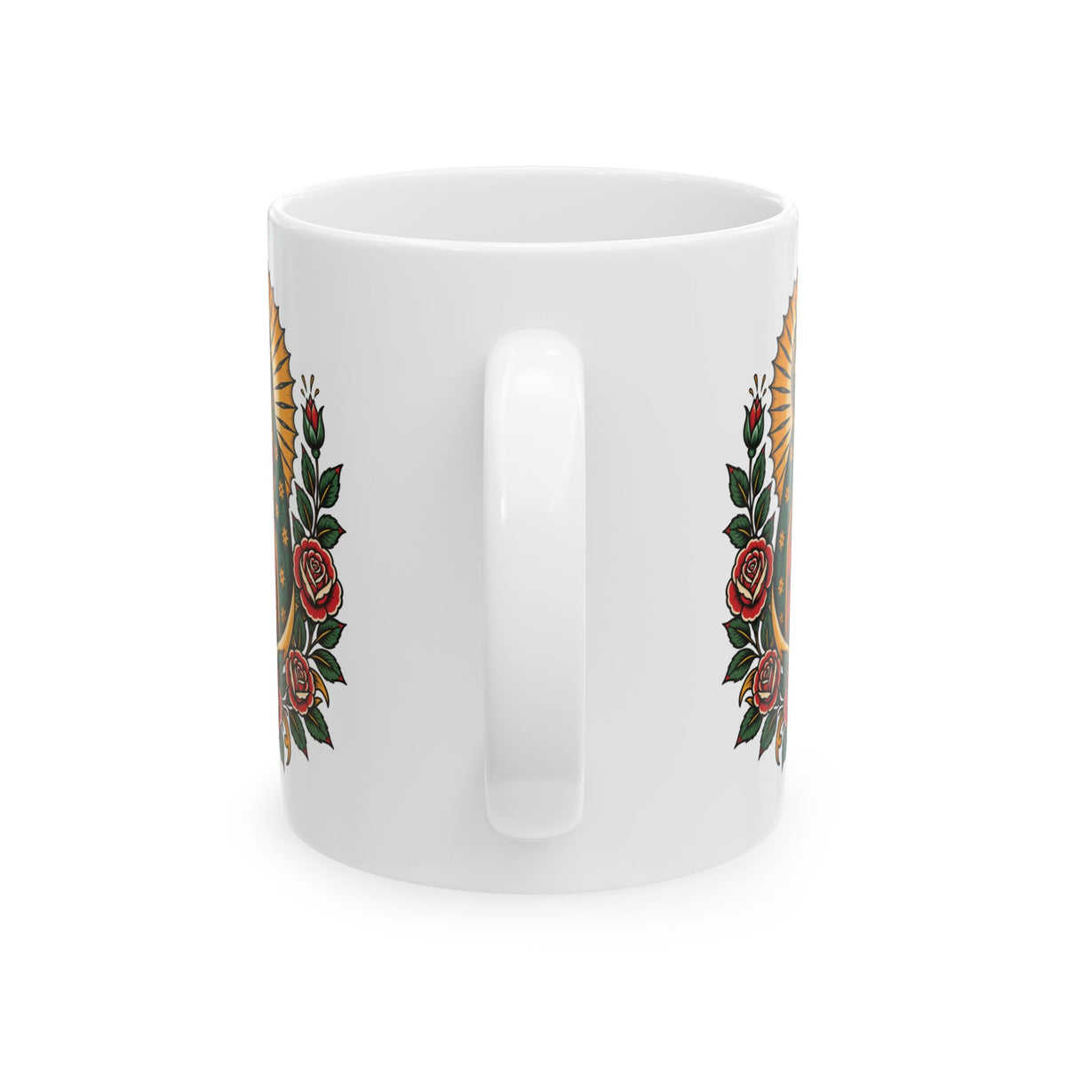 Floral Sacred Heart Ceramic Mug (11oz, 15oz) — Rose & Radiant Halo Coffee Cup