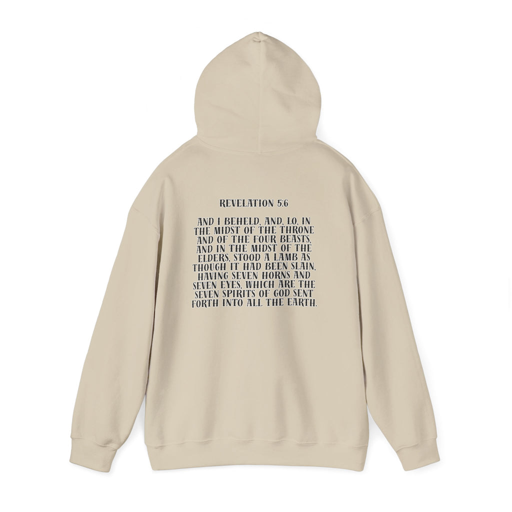 Sacrificial Lamb Hoodie with Revelation 5:6 Scripture Back Print