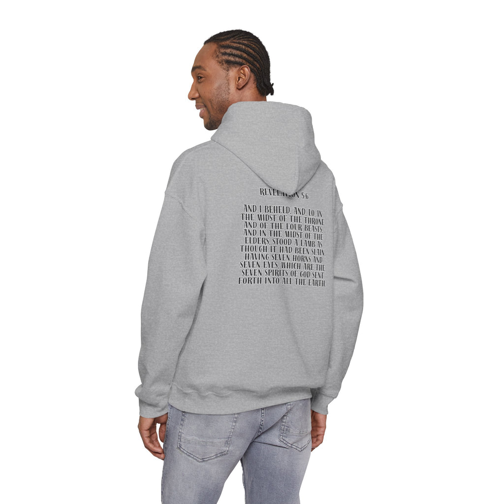 Sacrificial Lamb Hoodie with Revelation 5:6 Scripture Back Print