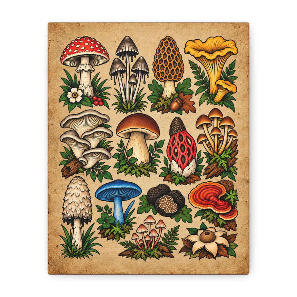 Mushroom Tattoo Flash Sheet Canvas Wall Art